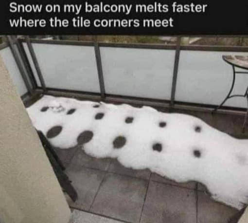 snow on my balcony - Snow on my balcony melts faster where the tile corners meet